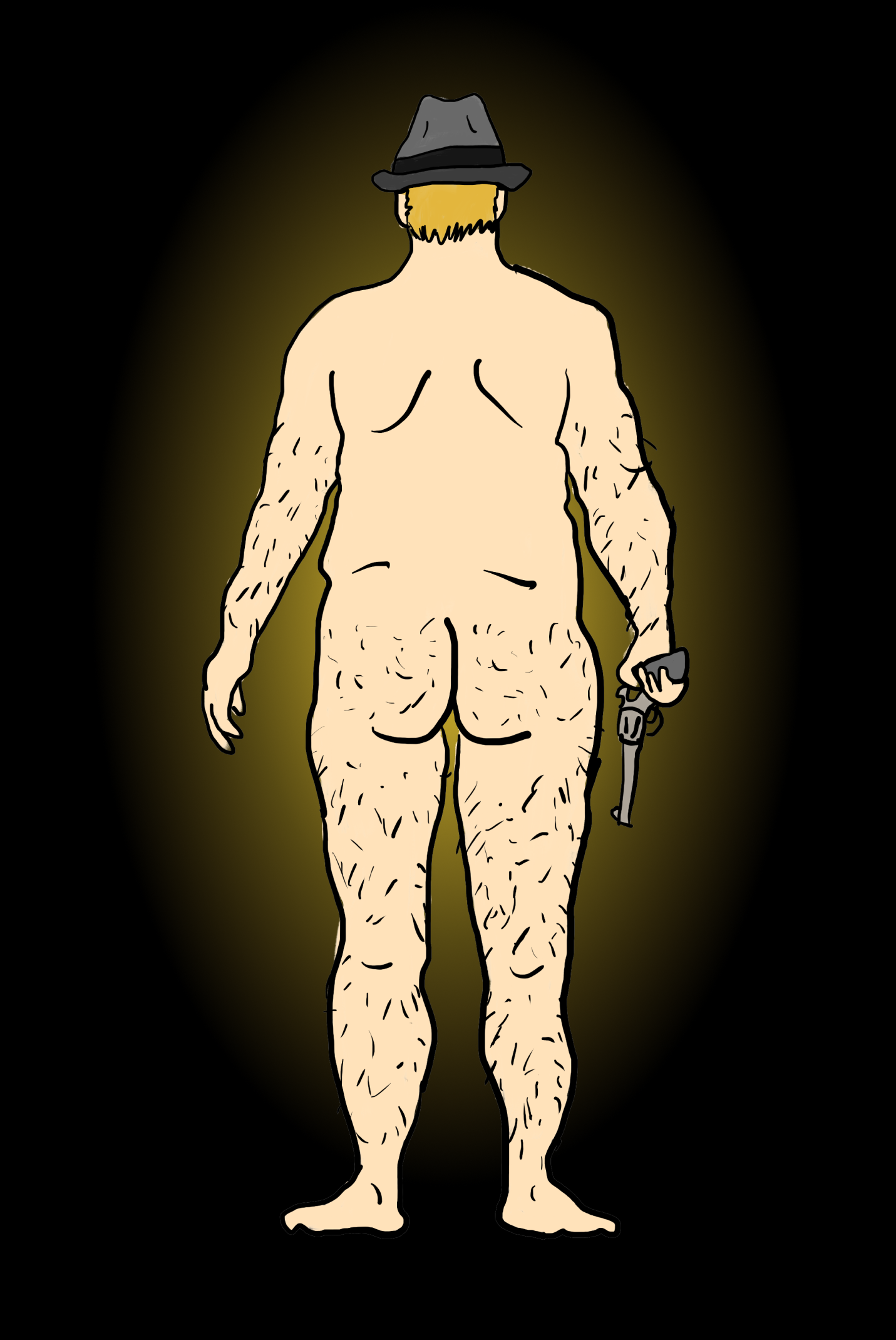 Ein nackter Mann von hinten mit Hut und Pistole